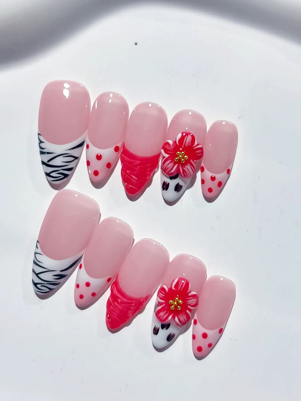 D378 - Medium Pink White Almond Abstract Flower Dot Pattern