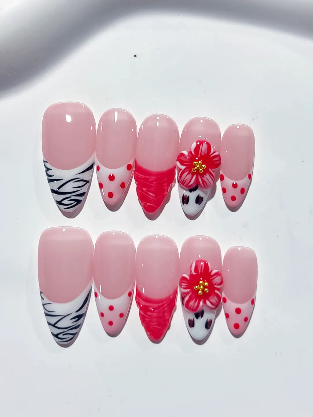 D378 - Medium Pink White Almond Abstract Flower Dot Pattern