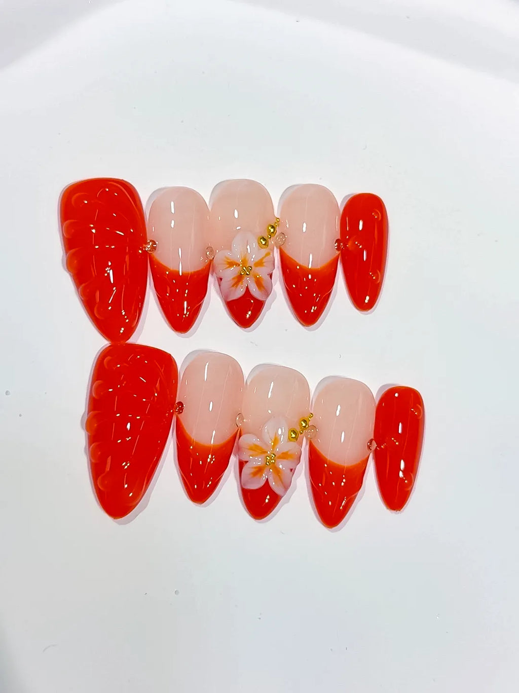 D537 - Medium Nude Red Almond French tip Flower Shell