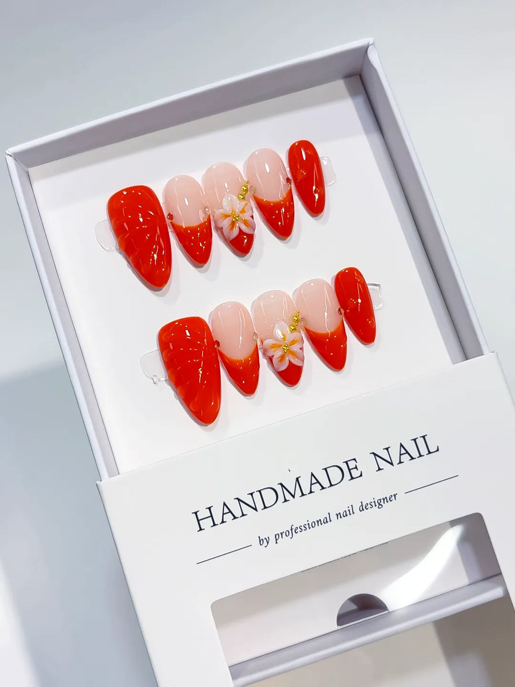 D537 - Medium Nude Red Almond French tip Flower Shell