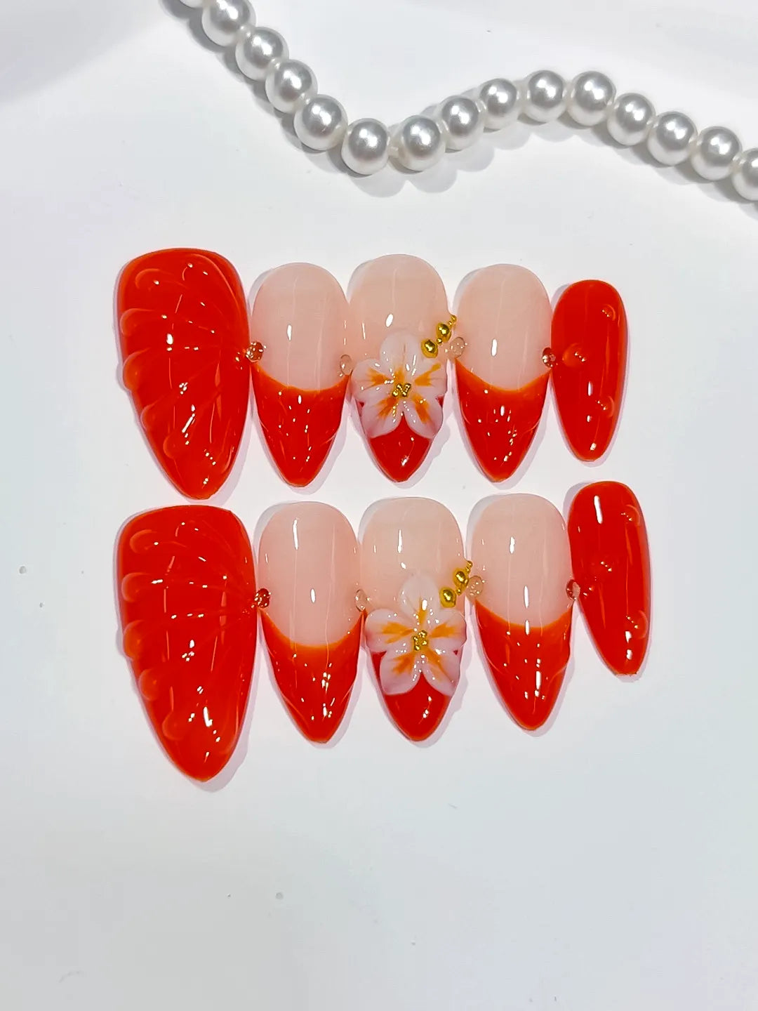 D537 - Medium Nude Red Almond French tip Flower Shell