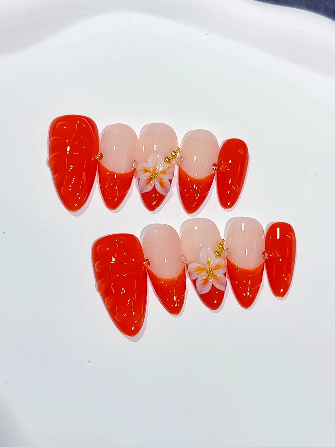 D537 - Medium Nude Red Almond French tip Flower Shell