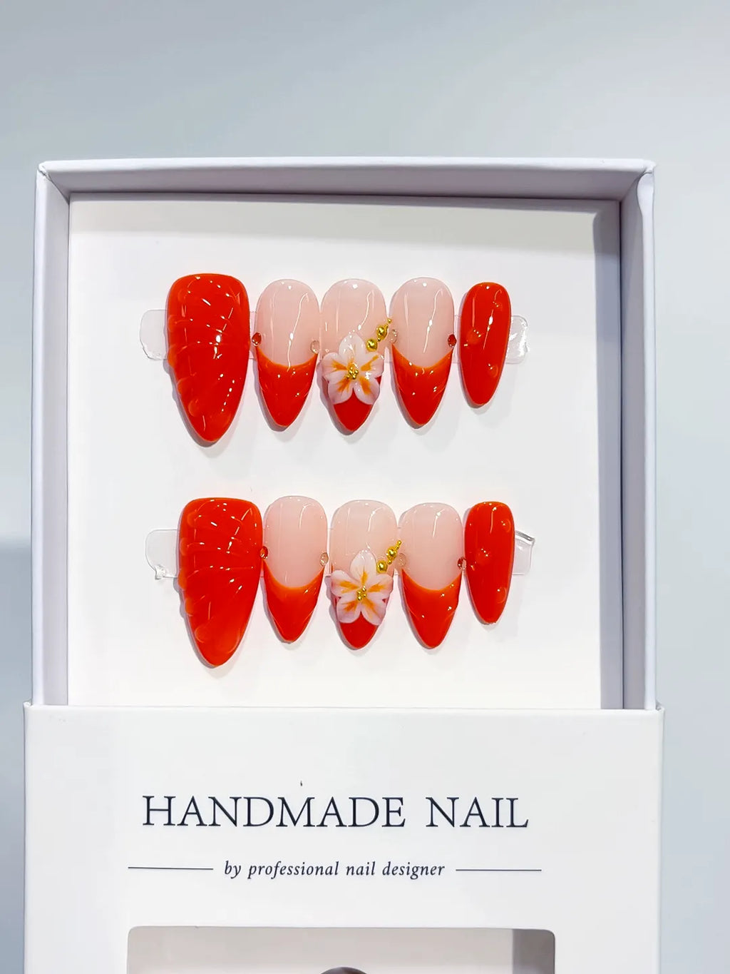 D537 - Medium Nude Red Almond French tip Flower Shell