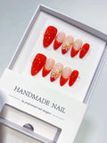 D537 - Medium Nude Red Almond French tip Flower Shell