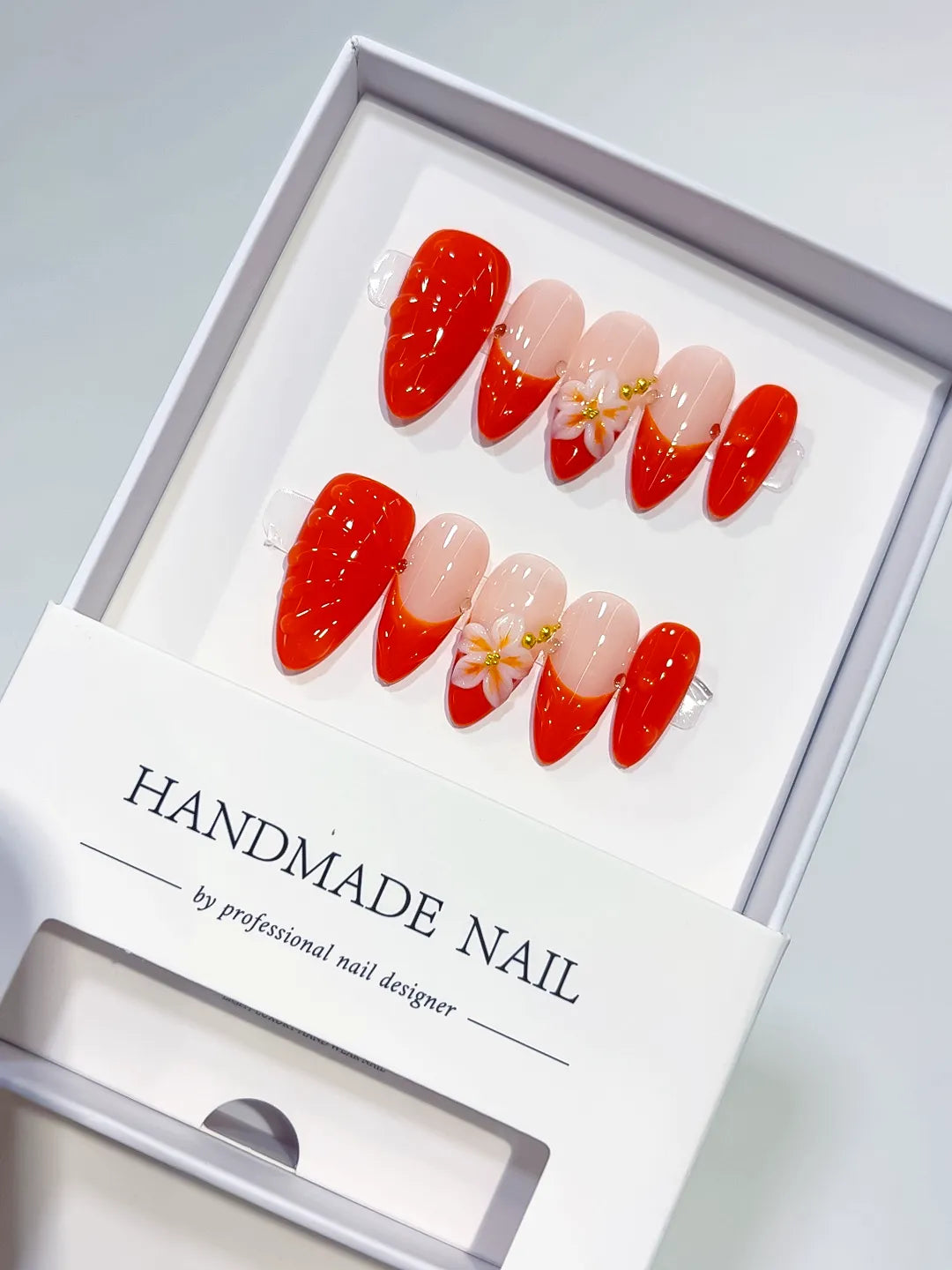 D537 - Medium Nude Red Almond French tip Flower Shell
