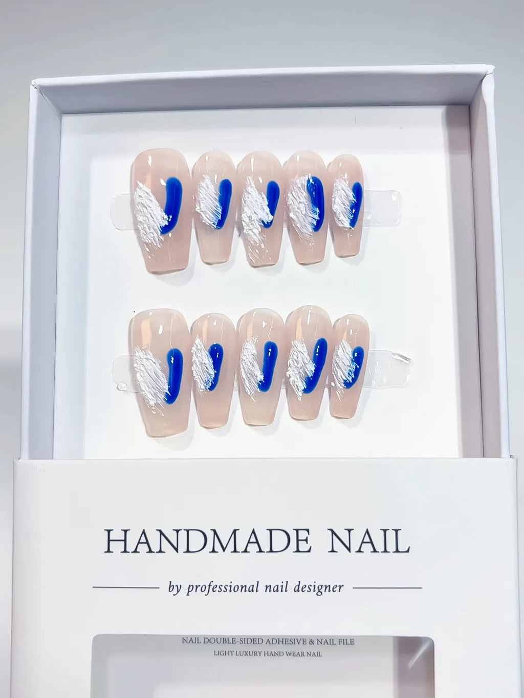 A008 - Medium Nude Blue Coffin Abstract Swirl VibeNailsLab