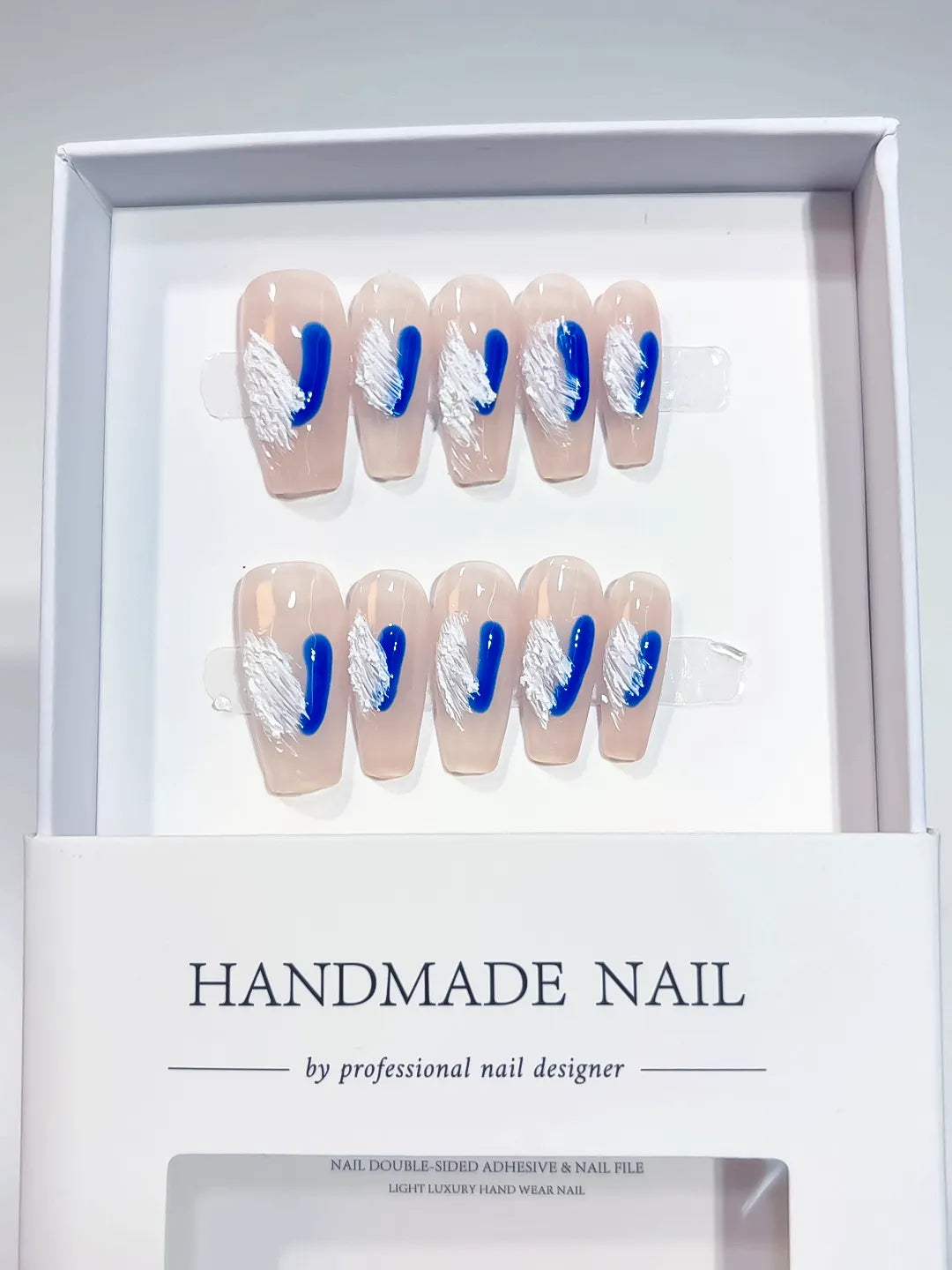 A008 - Medium Nude Blue Coffin Abstract Swirl VibeNailsLab