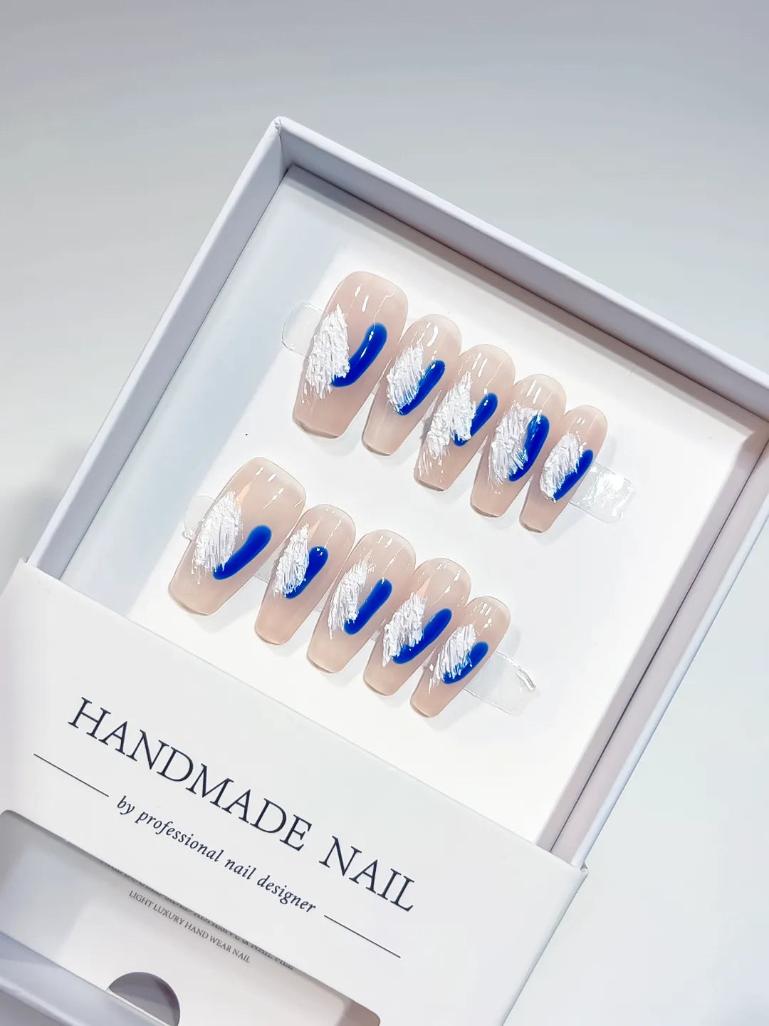 A008 - Medium Nude Blue Coffin Abstract Swirl VibeNailsLab
