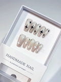 A009 - Medium Nude Silver Coffin Glitter Star Rhinestone VibeNailsLab