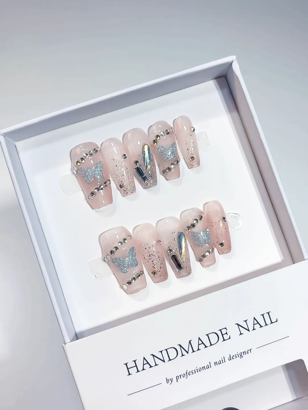 A013 - Medium Nude Silver Coffin Floral Butterfly Rhinestone VibeNailsLab