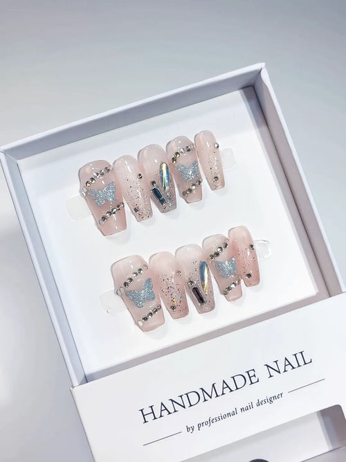 A013 - Medium Nude Silver Coffin Floral Butterfly Rhinestone VibeNailsLab
