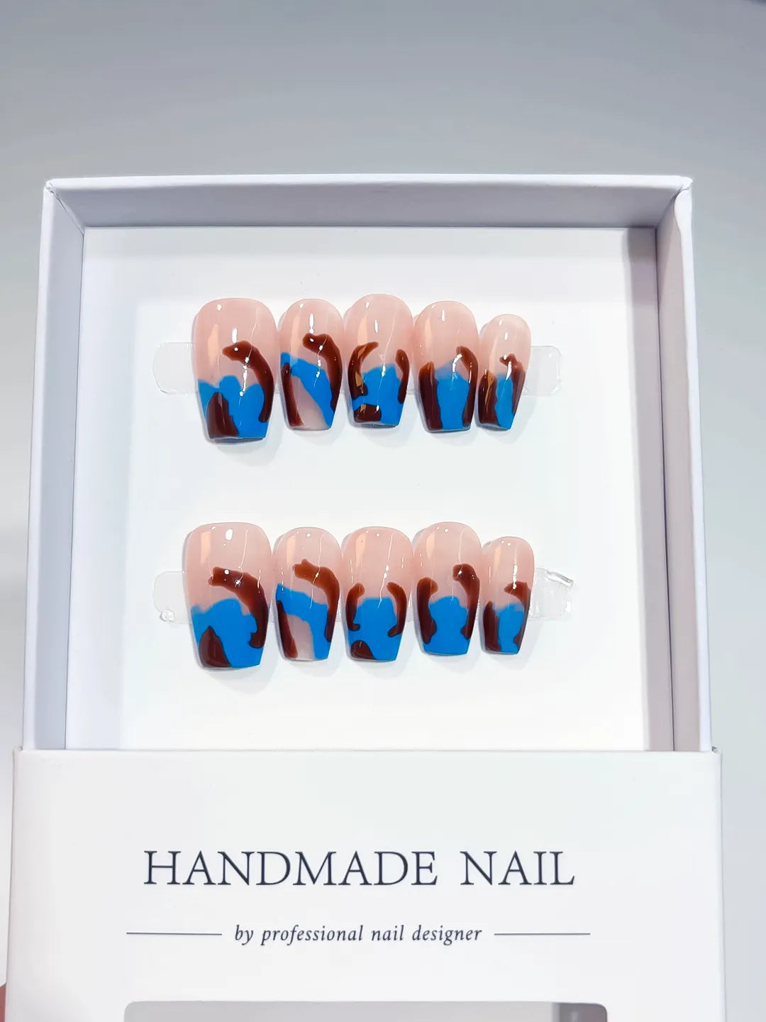 A015 - Medium Nude Blue Coffin Abstract Swirl VibeNailsLab
