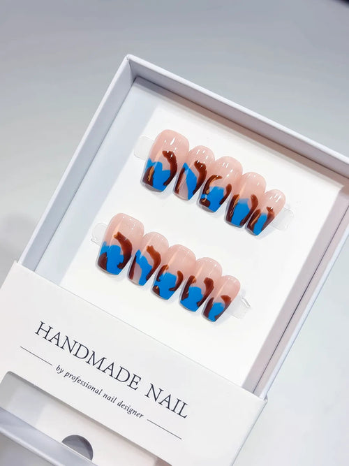 A015 - Medium Nude Blue Coffin Abstract Swirl VibeNailsLab