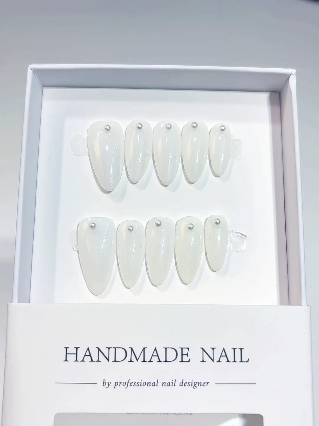 A014 - Medium White Almond Solid color Pearl VibeNailsLab