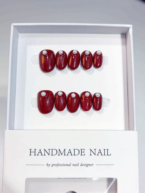 A016 - Short Red Oval Solid color Pearl VibeNailsLab