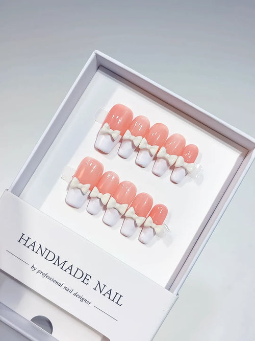 A017 - Medium Pink White Coffin French tip Bow VibeNailsLab