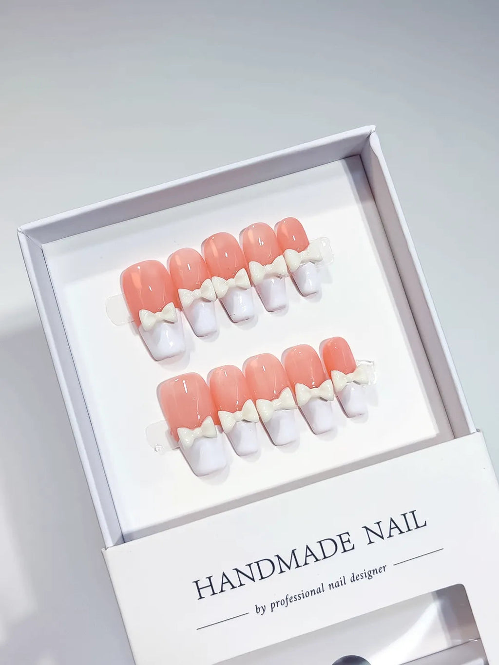 A017 - Medium Pink White Coffin French tip Bow VibeNailsLab