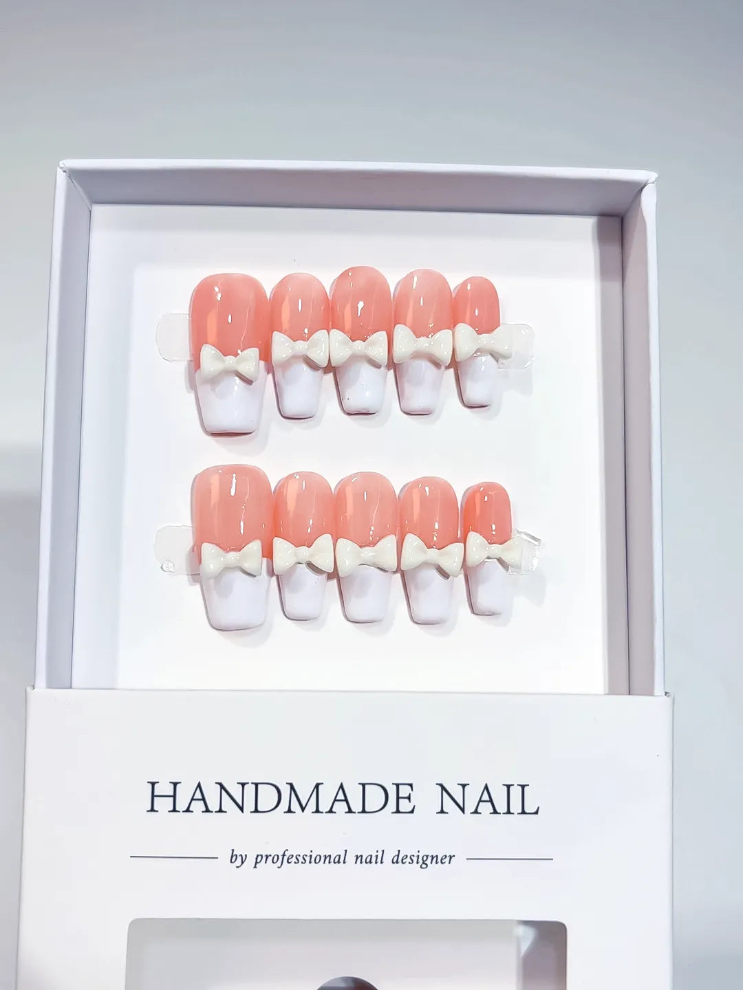 A017 - Medium Pink White Coffin French tip Bow VibeNailsLab