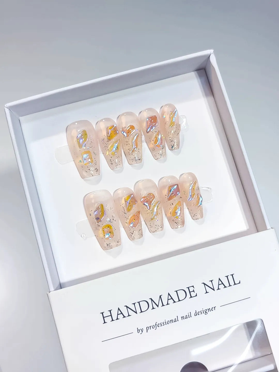 A020 - Medium Nude Gold Coffin Abstract Glitter Foil VibeNailsLab