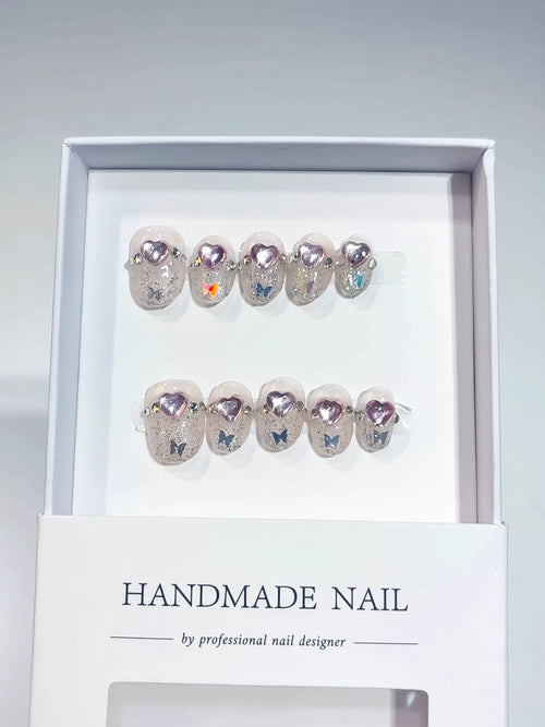 A021 - Short Nude Silver Oval Glitter Heart Butterfly VibeNailsLab