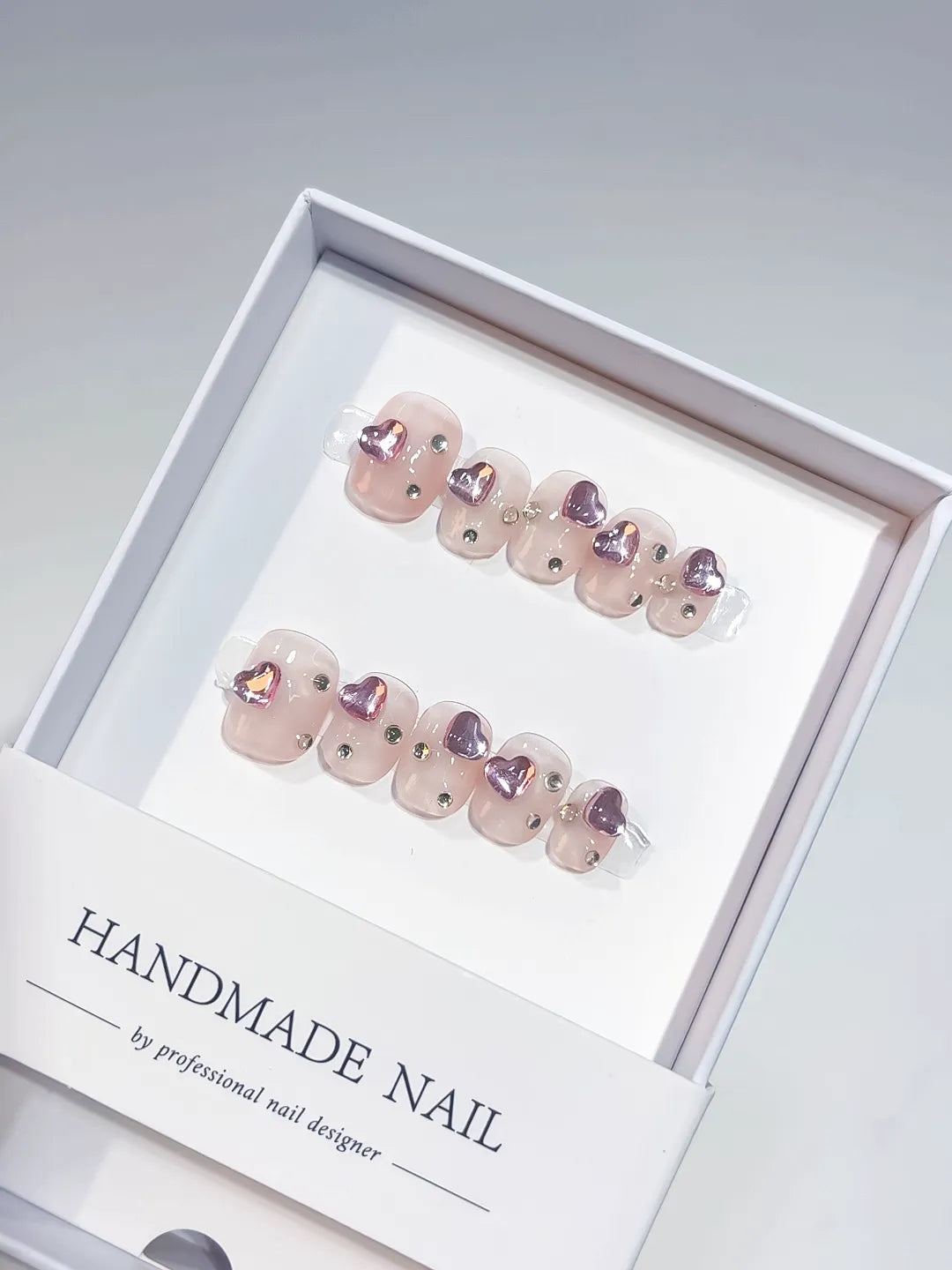 A028 - Short Nude Purple Squoval Solid color Heart Rhinestone VibeNailsLab