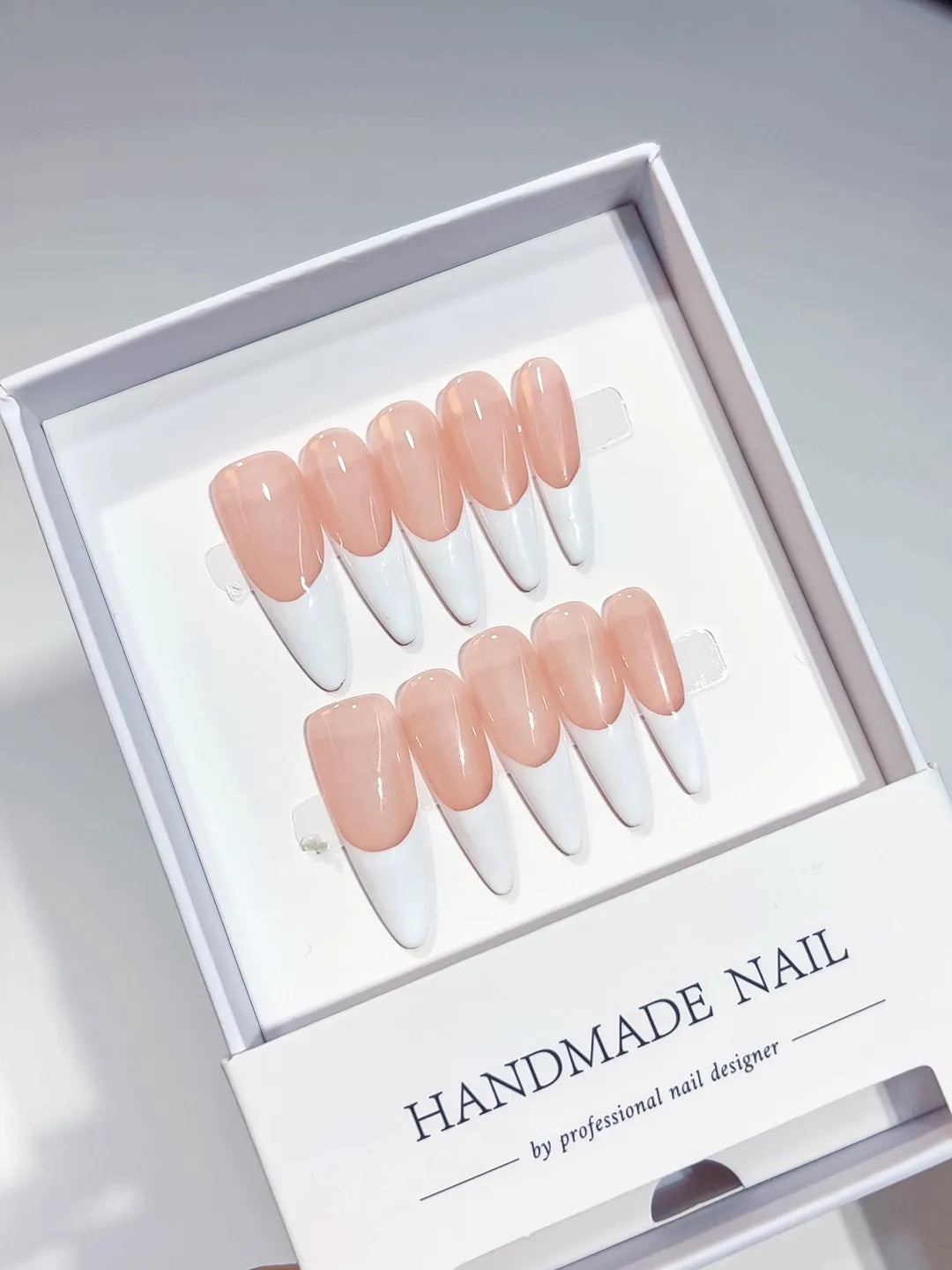 A036 - Long White Pink Stiletto French tip VibeNailsLab