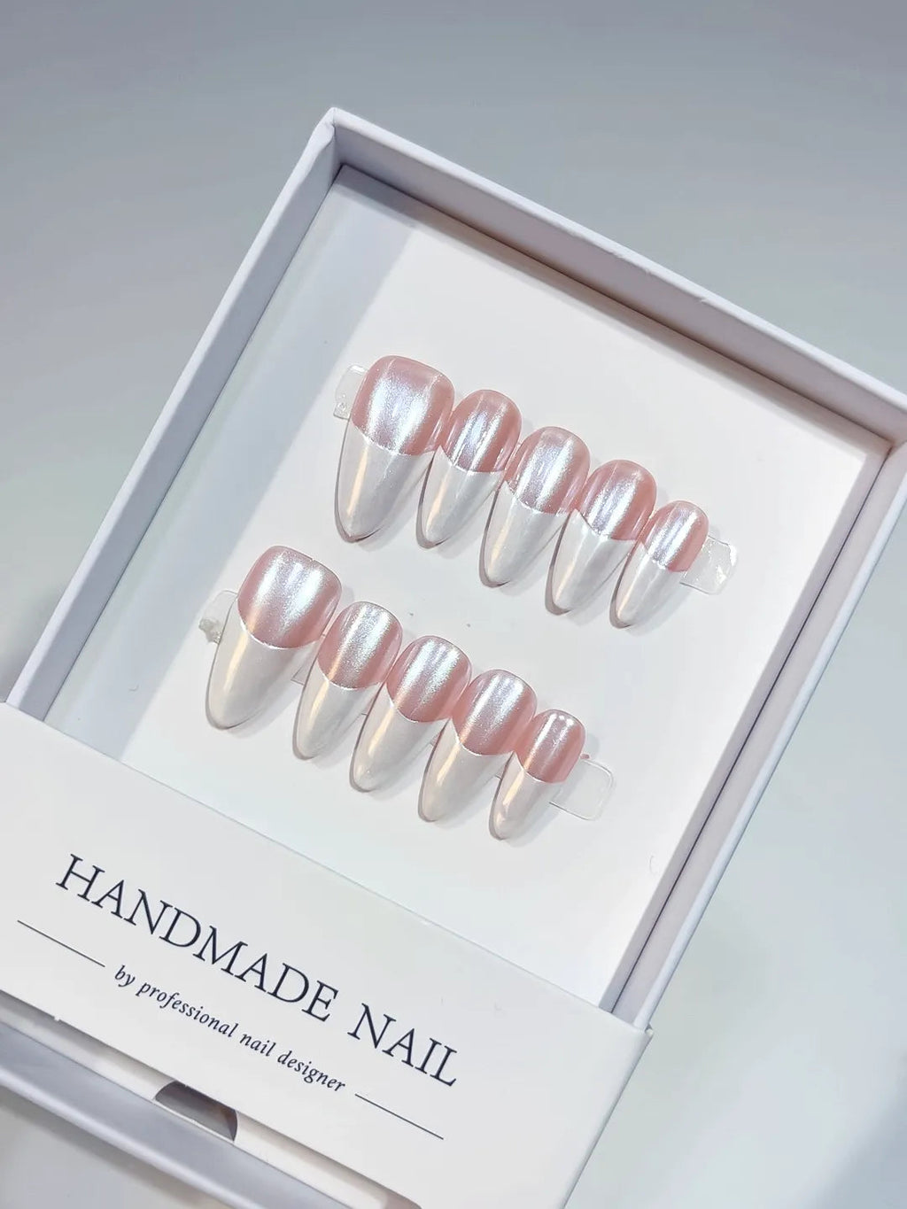 A038 - Medium White Pink Almond French tip VibeNailsLab
