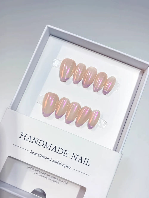 A046 - Short Nude Pink Almond Holographic VibeNailsLab