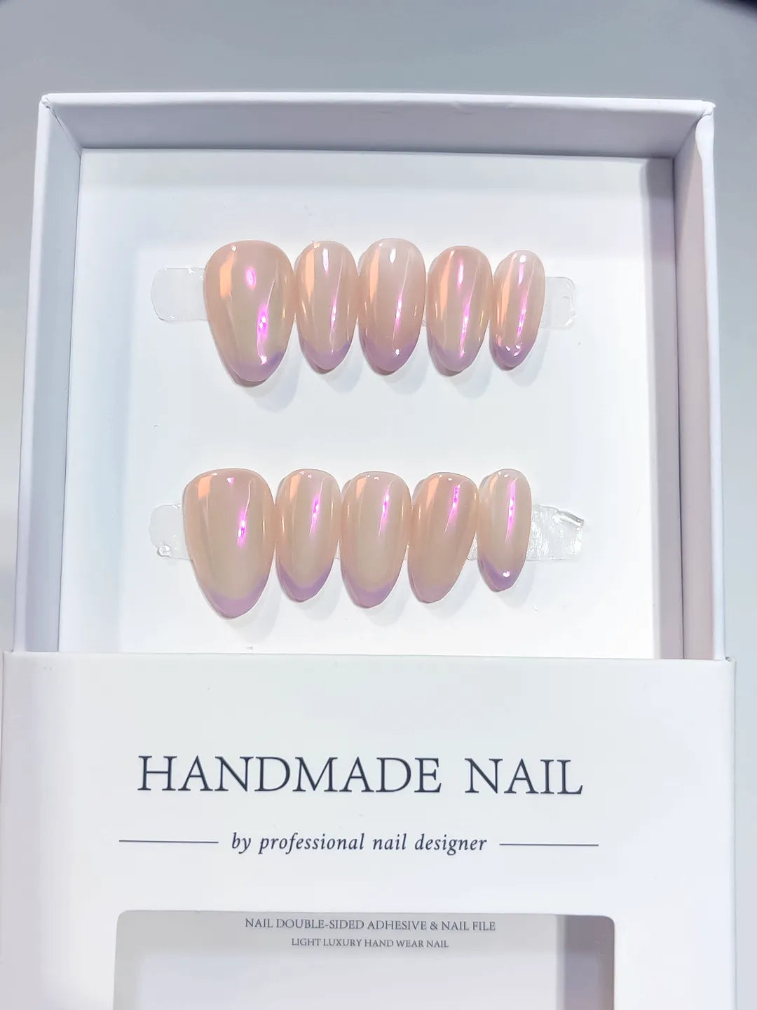 A046 - Short Nude Pink Almond Holographic VibeNailsLab
