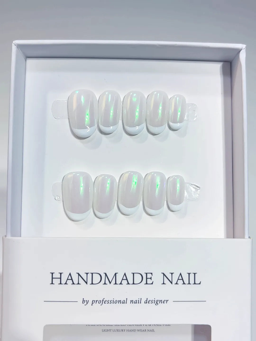 A050 - Short White Green Oval French tip Shine VibeNailsLab