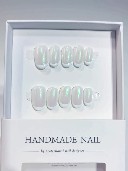 A050 - Short White Green Oval French tip Shine VibeNailsLab