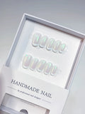 A050 - Short White Green Oval French tip Shine VibeNailsLab