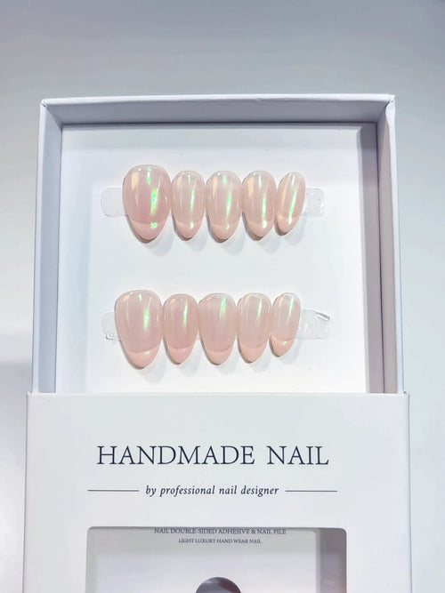 A053 - Short Nude Pink Almond Holographic Shimmer VibeNailsLab