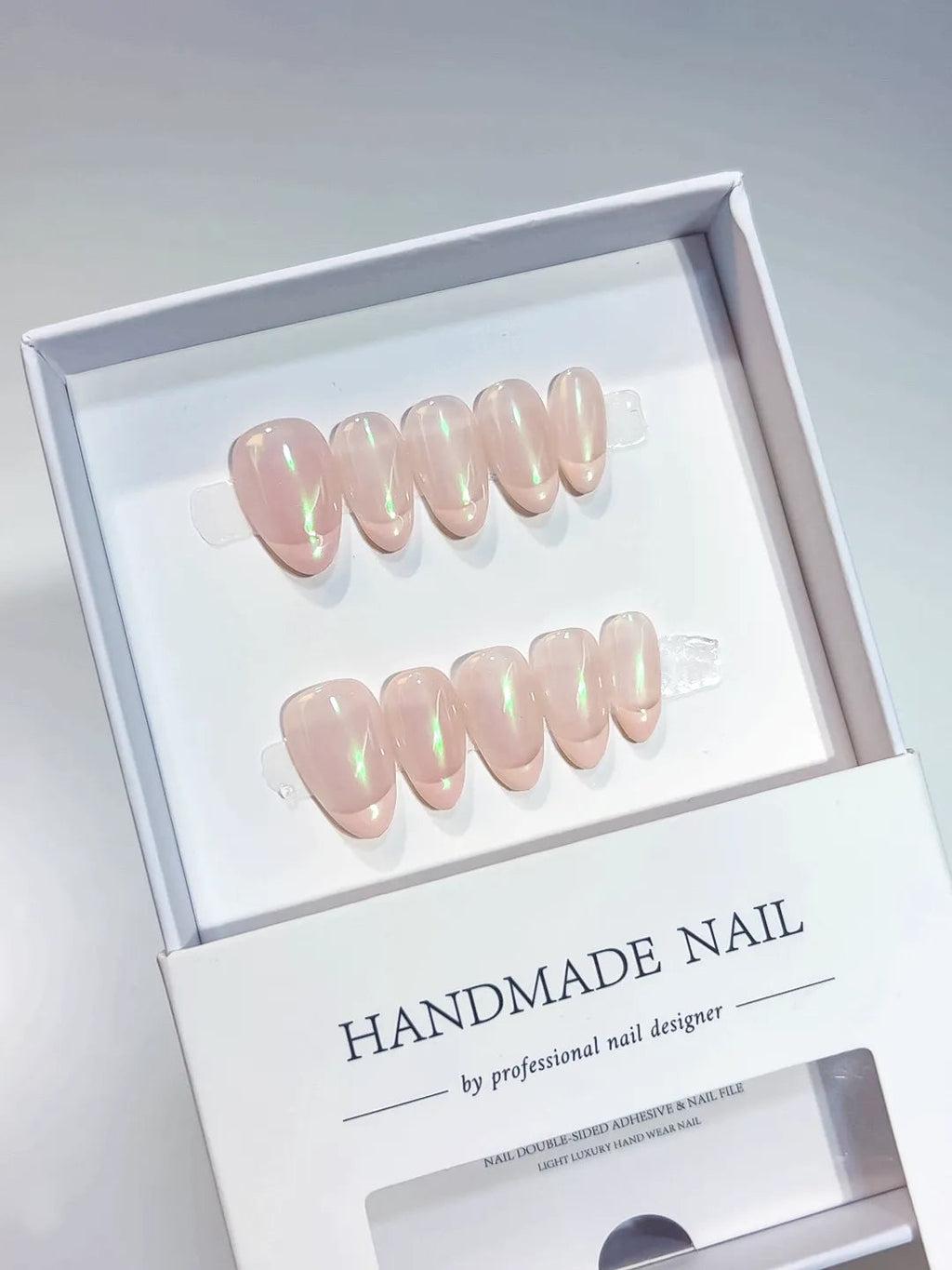 A053 - Short Nude Pink Almond Holographic Shimmer VibeNailsLab