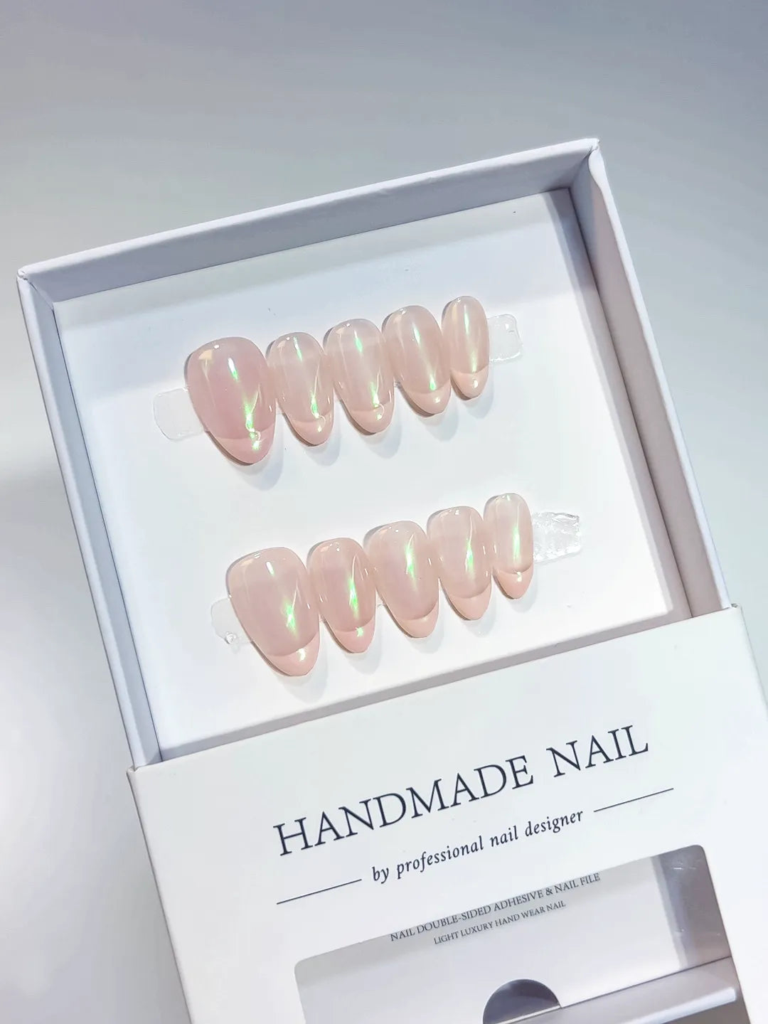 A053 - Short Nude Pink Almond Holographic Shimmer VibeNailsLab
