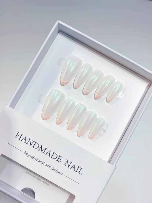 A059 - Medium White Green Almond French tip Glow VibeNailsLab
