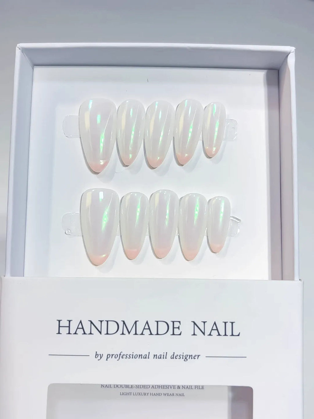 A059 - Medium White Green Almond French tip Glow VibeNailsLab