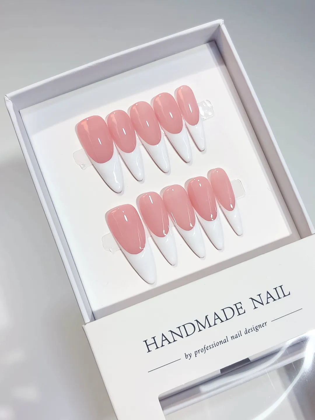 A067 - Long White Pink Almond French tip VibeNailsLab