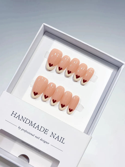 B097 - Medium Nude Red Oval French tip Heart VibeNailsLab