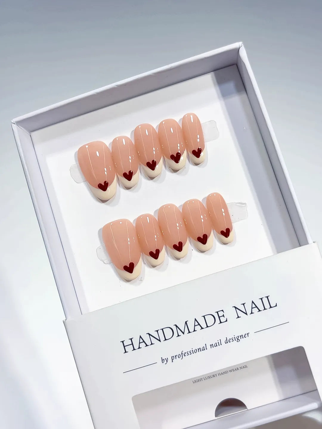 B097 - Medium Nude Red Oval French tip Heart VibeNailsLab