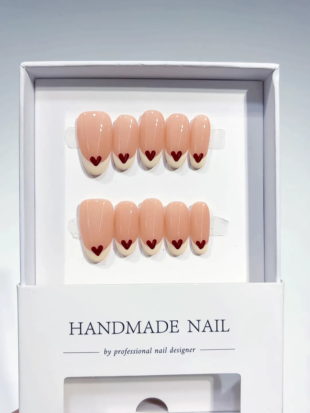 B097 - Medium Nude Red Oval French tip Heart VibeNailsLab