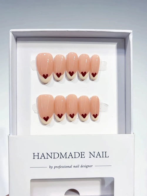B097 - Medium Nude Red Oval French tip Heart VibeNailsLab