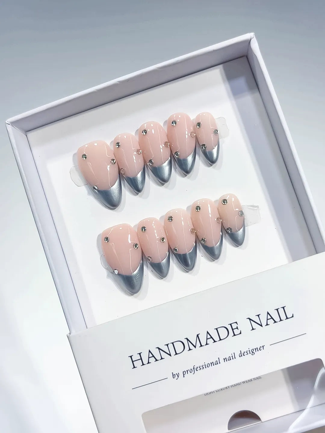 B099 - Medium Nude Multicolor Almond French tip Rhinestone