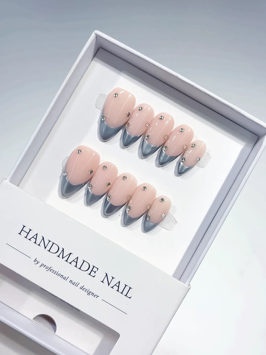 B099 - Medium Nude Multicolor Almond French tip Rhinestone