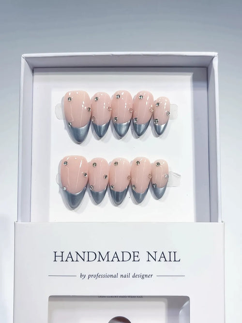B099 - Medium Nude Multicolor Almond French tip Rhinestone