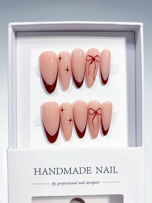 B102 - Long Nude Red Almond French tip Bow
