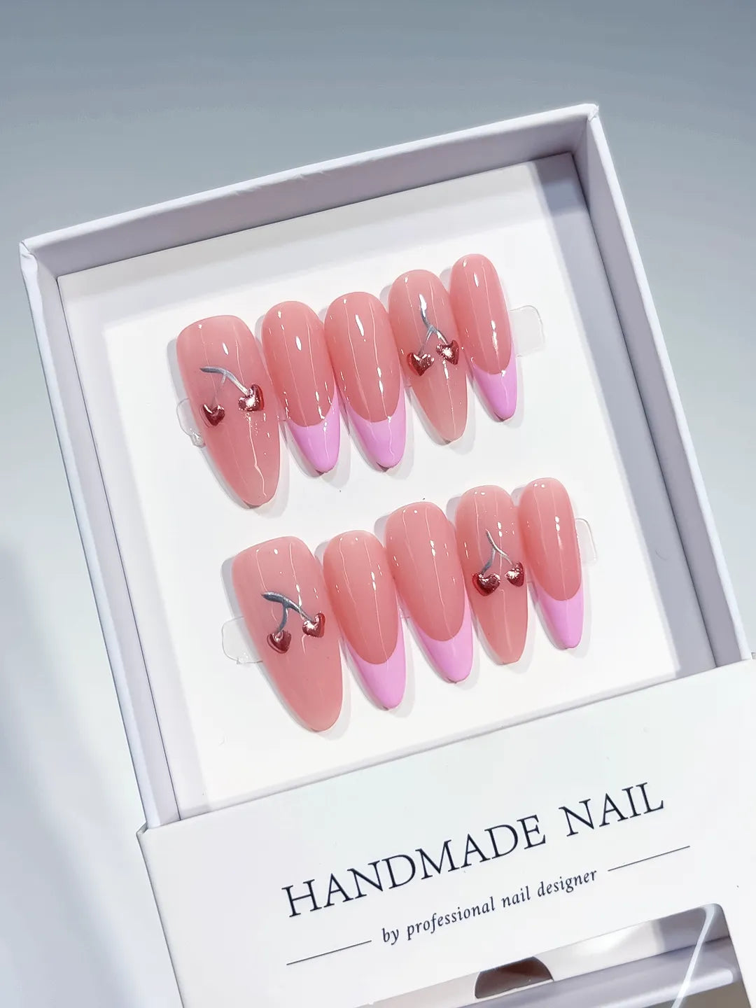B103 - Long Pink Almond French tip Heart Cherry VibeNailsLab