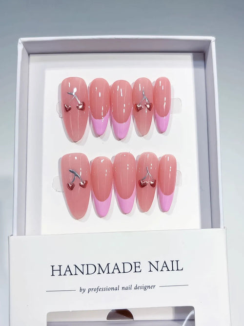 B103 - Long Pink Almond French tip Heart Cherry VibeNailsLab