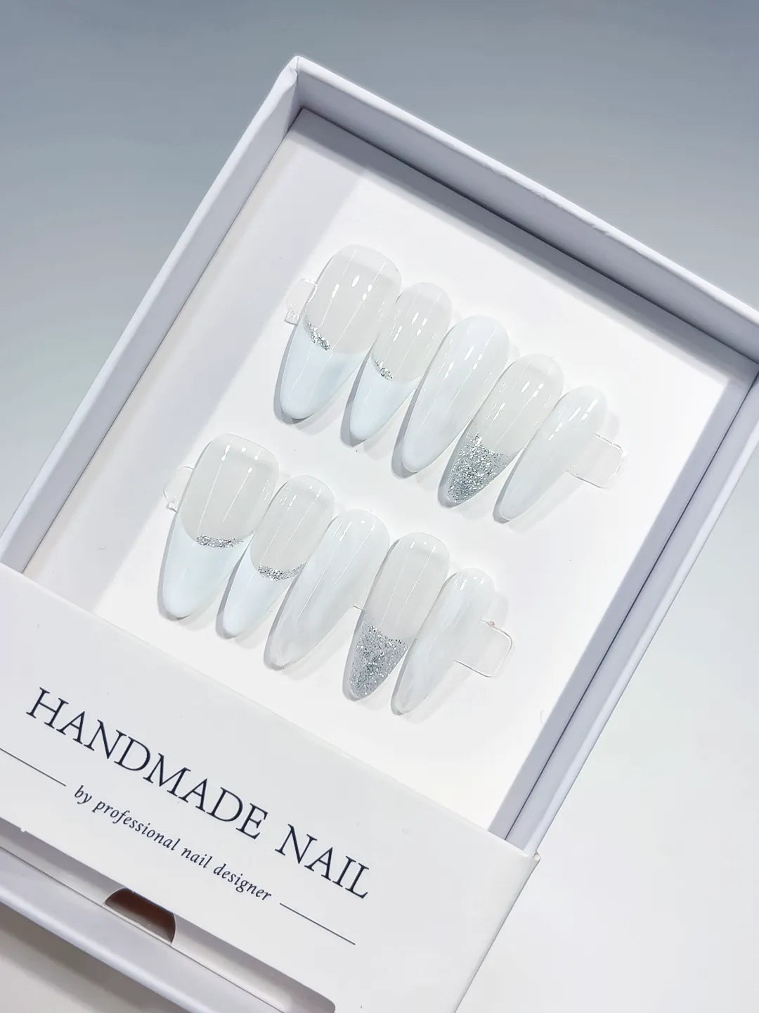 B106 - Long White Silver Almond French tip
