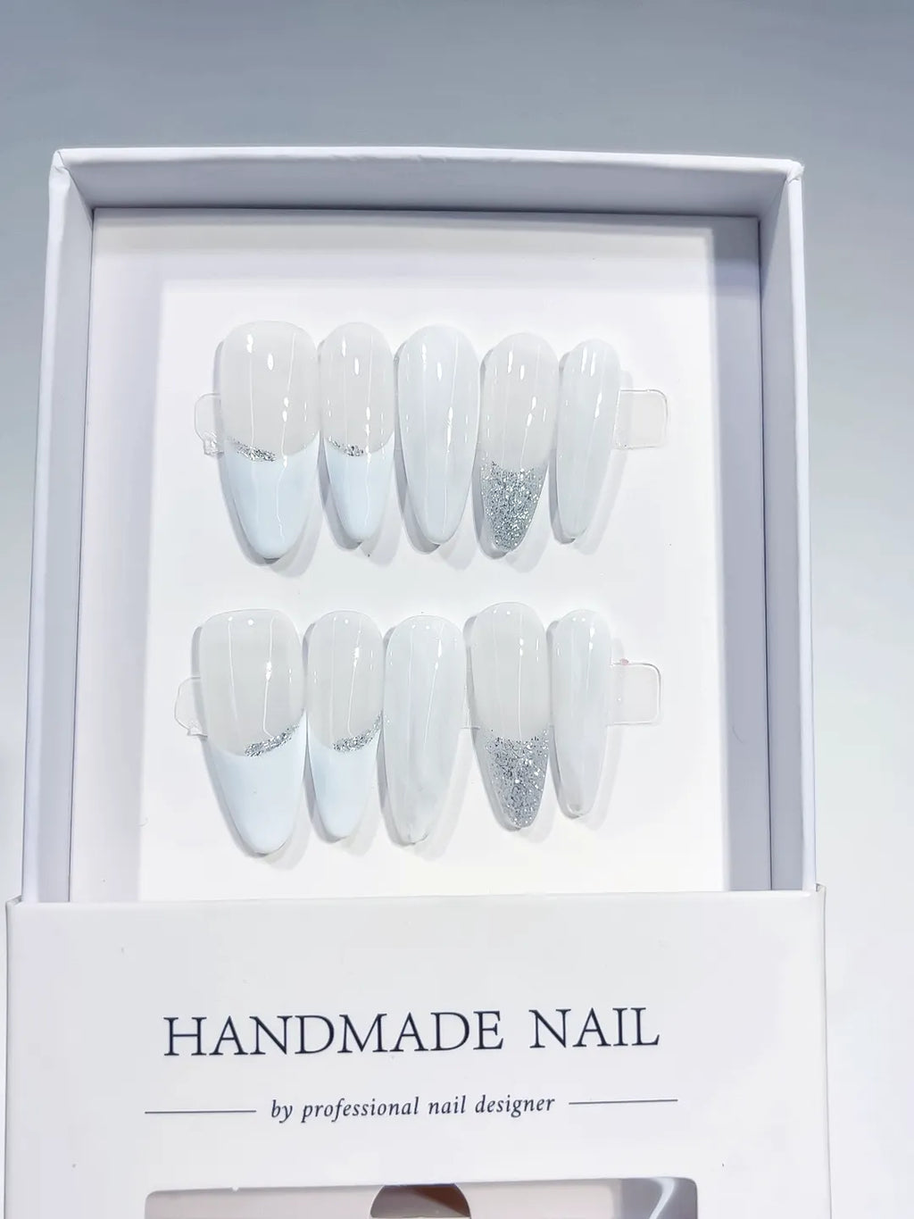 B106 - Long White Silver Almond French tip